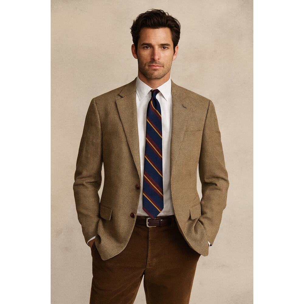 Ralph Lauren Mens 41R Sport Coat Silk Wool Brown Plaid Blazer Preppy Office - Picture 1 of 15